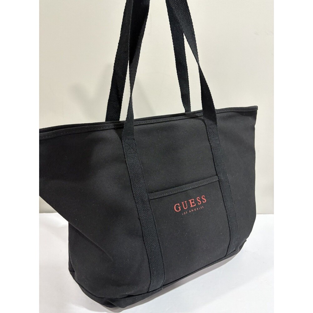 GUESS Black Red Logo Canvas Travel Tote Bag Shopper Handbag Purse Gym Bag